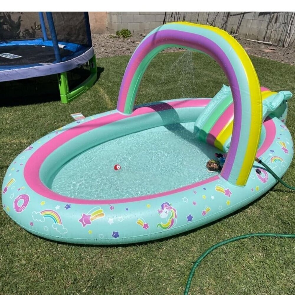 Rainbow Unicorn Inflatable Play Center Kiddie Pool with Slide and Sprinkler